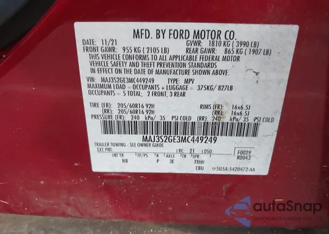 2021 Ford Ecosport Se z USA, uszkodzony, nr VIN MAJ3S2GE3MC449249